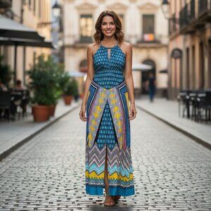 London Times Blue Bohemian Haltered Maxi Dress Size 8